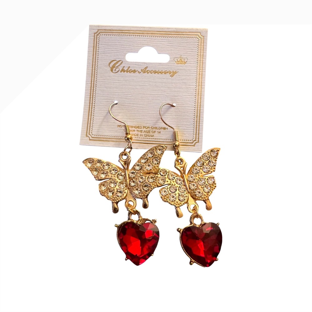 NWT Chloe Accessory Butterfly Heart Drop Earrings Gold Tone Red Rhinestone